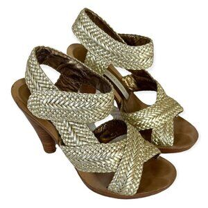 Cynthia Vincent Gold Woven Strappy Heel Platform Sandals Women's Sz 6.5
